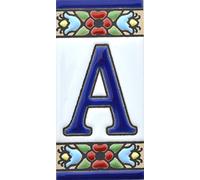 Écriteaux numéros et lettres. Carreaux céramique peints à la main avec technique corde sèche (cuerda seca). Noms, directions et signalisation. Dessin FLORES MINI 7,3 cm x 3,5 cm. (LETTRE "A")