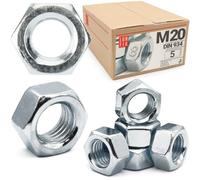 Écrou hexagonal M20, 5 Pièces, acier zingué DIN 934, filetage métrique standard, boulon 20 mm et tige filetée, fixation intérieure et extérieure