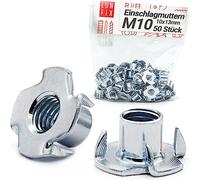 Écrous à griffes M10 x 13 mm DIN 6930, 50 pièces écrous en T, acier zingué, filetage métrique, insert fileté métal et bois avec 4 griffes pour meuble et construction bois