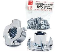 Écrous à griffes M5 x 8 mm DIN 6930, 50 pièces écrous en T, acier zingué, filetage métrique, insert fileté métal et bois avec 4 griffes pour meuble et construction bois