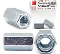 Écrous longs M 20 x 60 mm DIN 6334, lot de 2, manchon fileté hexagonal, acier galvanisé, douille filetée, rallonge pour tige filetée, entretoise de raccordement, classe de résistance 5
