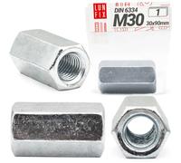 Écrous longs M 30 x 90 mm DIN 6334, lot de 1, manchon fileté hexagonal, acier galvanisé, douille filetée, rallonge pour tige filetée, entretoise de raccordement, classe de résistance 5