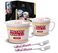 ECTbicyk Lot de 2 bols à ramen avec couvercle et poignée - En céramique - Avec fourchette - Cadeau pour les amateurs de ramen - Rouge