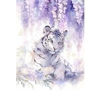ECUCU 5D Diamond Painting Kit Complet, Motif de tigre blanc floral violet Kit de Peinture Diamant, Broderie Diamant Kit Complet pour Adultes Point De Croix Kit, Diamant Art Kits Broderie Strass