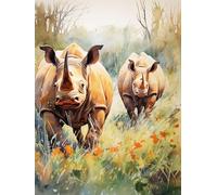 ECUCU 5D DIY Diamant Peinture Kits, Rhinocéros dans la prairie, J, Broderie Diamant Art Painting Kit Complet, Canevas Diamond Point de Croix Painting par Numéros pour Adultes Enfants Décor