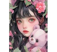 ECUCU Broderie Point de Croix Kit, Fille tenant une poupée ours,D, Kit Broderie Point de Croix Compté Pré Imprimé Enfant Débutant Adulte Kit Canevas Complet Avec Fils au Point de Croix