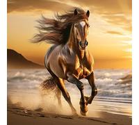 ECUCU Canevas Broderie Point de Croix Kit Complet, Cheval animal courant sur la plage, 50 x 70 cm., 11CT canevas point de croix,debutant broderie point de croix imprimé