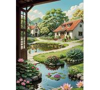 ECUCU Kit de Broderie Diamant 5D, Peinture de paysage d'étang de cour de maison,G Peinture Diamant 5D Complet Loisirs Créatifs Adultes pour Décoration d'intérieur avec Outils et Boîte de Rangement