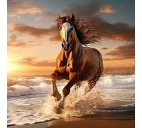 ECUCU Kits de point de croix pour adultes, Cheval animal courant sur la plage, 30 x 40 cm., 11CT canevas point de croix,debutant broderie point de croix imprimé,décoration murale