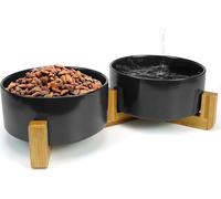 Ecuelle double en bambou & céramique, chiens et chats, effet lotus, 2x 400 ml, durable, robuste, station d'alimentation écologique et durable, noir