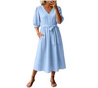 ECUNGWUA Robe Femme Longue Col V Lin Coton Boutons Ceinturée Poches Été Plage (Sky Blue, XL)