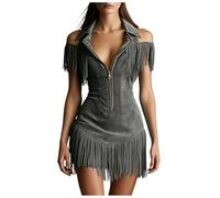 ECUNGWUA Robe Mini à Franges Western pour Femme, Robe épaules dédées en Faux, Fermeture éclair sur Le Devant, Moulante, idéale pour Les Concerts Country et Les soirées. Cuir (Grey, S)
