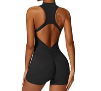 Ecupper Femmes Combinaison sans Manches Sport Bodysuit Dos Nu Bodycon avec Fermeture Éclair Une pièce Romper Jumpsuit Noir L