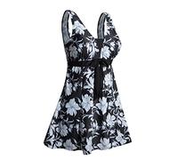 Ecupper Maillot de Bain Une Pieces pour Femme Rétro Jupe avec Volantée Contrôle du Ventre Push Up Col en V Fleur Blanc-a M