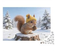 Écureuil avec Chapeau en Hiver - Puzzle de 1000 pièces en Carton 100% recyclé représentant Un écureuil dans la Neige avec Un Chapeau. Illustration Magnifique et Unique. Dimensions : 70 x 50 cm.