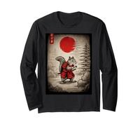 Écureuil en Kimono Marchant sous Un Soleil Rouge Brillant Art Japonais Manche Longue
