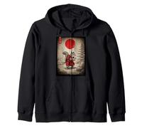 Écureuil en Kimono Marchant sous Un Soleil Rouge Brillant Art Japonais Sweat à Capuche