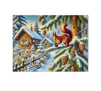 Ecureuil ramassant des Pommes de pin sur Un Sapin en Hiver，Jigsaw Puzzle 1000 Pièces Puzzle Classique pour Adultes Et Enfants, Compétence Jouets Éducatifs Anniversaire Festival Cadeau（38x26cm）-AD36