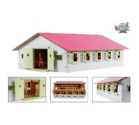 Ecurie 9 boxes en bois - toit rose - 62 x 43 x 22 cm - Ferme 1:32 D12434