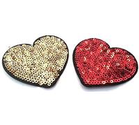 Écusson brodé patch ecusson coeur thermocollant paillette " les deux coeurs rouge et d or 7 cm "