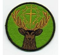 Écusson brodé rond symbole de Saint Hubert - Le Saint Patron des chasseurs - 2.2in / 5,7 cm - VeIcro/crochet et boucle (fond olive verte)