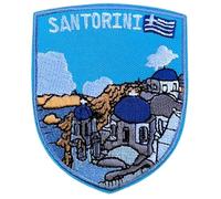 Écusson brodé Santorini_Grèce à thermocoller ou à coudre (7,6 cm) Belle île grecque avec drapeau de la Grèce Voyage Europe Souvenir Parfait pour sacs à dos, vestes, chapeaux, cadeaux