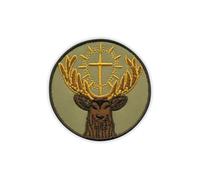 Écusson brodé Symbole de Saint Hubert le Saint Patron des Chasseurs Vert Olive Fond Thermocollant Dos Thermocollant