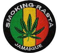 Écusson Cannabis Vert jaune Rouge Patch Thermocollant Smoking Rasta Badge à Thermocoller transfert feuille chanvre à coller fer repasser applique rond brodé coudre vêtement tshirt sac dos veste 9,5cm