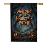Écusson citrouilles hantées avec citation de bienvenue Jack-o'-Lantern | Fond de forêt gothique, drapeau de cour, patch de citrouilles effrayantes, décoration extérieure saisonnière