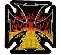 Écusson Croix de Malte Flammes Patch Thermocollant Biker badge motard à thermocollé transfert à coller au fer à repasser applique brodé à coudre décoration réparation vêtement veste t-shirt 9,2x8,9cm