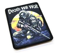 Écusson Death Will Wait Sniper Morale en tissu pour gilet, badge de faucheur, Tac Skull 9 cm x 7 cm, auto-agrippant et boucle pour airsoft forces militaires