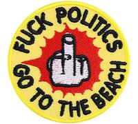 Écusson Doigt médian - Patch "Fuck politics - go to the beach" à coudre/repasser | Cadeau amusant pour les opposants à la politique, application pour vestes/sacs à dos/sacs | 60x60mm