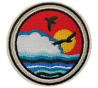 Écusson Estampe Japonaise Coucher de Soleil Patch Thermocollant Paysage Japon Nuage Vague Soleil Oiseaux à thermocollé transfert à coller fer repasser applique rond brodé coudre tshirt vêtement 8,9cm