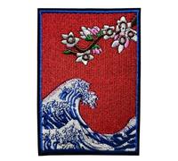 Écusson Grande Vague Kanagawa Hokusai Fleurs de Cerisier Patch Thermocollant Japon à thermocoller transfert estampe japonaise à coller au fer repasser applique brodé great wave off coudre 12,6x8,8cm
