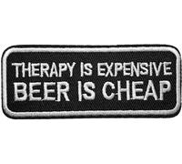 Écusson La Thérapie Coûte Cher la Bière Est Bon Marché Patch Thermocollant Humoristique Badge Rectangle à Thermocollé fer repasser applique brodé coudre décoration réparation vêtement veste 3,6x8,9cm