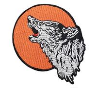 Écusson Loup Hurle Lune Orange Patch Thermocollant Tête de Chien à thermocoller transfert animal wolf à coller fer repasser applique biker badge motard brodé à coudre tshirt vêtement sac dos 8,4x7,7cm