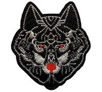Écusson Loup Noir Stylisé Yeux Rouges Patch Thermocollant Tête de Chien à thermocoller transfert animal à coller fer repasser applique wolf badge brodé à coudre tshirt vêtement biker motard 8,7x7,8cm