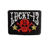 Ecusson - Lucky 13 biker - plusieurs couleurs sélectionnables - 5,7 x 7,7 cm - by catch-the-patch® patches brode appliques embroidery thermocollant, Farbvariante:noir/rouge