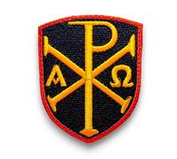 Ecusson patch Chrisme bodé - Monogramme symbole chrétien brodé avec dos scratch - Patch Brodé avec dos Scratch - Taille 8x6,4cm - Produit en France