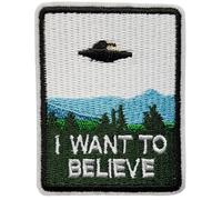 Écusson Soucoupe Volante Je Veux Y Croire Patch Thermocollant I Want To Believe OVNI Badge UFO a thermocollé fer repasser applique rectangle brodé coudre extraterrestre alien vêtement tshirt 9,8x7,7cm