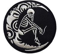 Écusson Squelette Croissant Lune Patch Thermocollant Crane à thermocoller transfert skull à coller fer à repasser applique tête de mort brodé à coudre t-shirt veste jeans vêtement biker motard 7,1cm