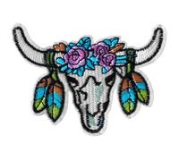 Écusson Taureau Tête de Mort Patch Biker Motard Thermocollant badge randonnée à thermocoller transfert camping vêtement à coller au fer à repasser applique campeur brodé à coudre veste sac 6,5x8,9cm