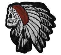Écusson Tête de Mort Chef Indien Patch Thermocollant Skull Plume badge crane à thermocoller transfert à coller au fer à repasser applique brodé à coudre vêtement t-shirt veste biker motard 8,4x8cm