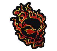 Écusson Tête de Mort Flammes Patch Thermocollant Crane Diable Badge Skull à thermocoller transfert motard à coller au fer à repasser applique biker brodé à coudre vêtement rock n roll metal 9,7x8cm