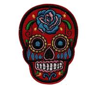 Écusson Tête de Mort Mexicaine Rouge Fleur Rose Bleu Patch Thermocollant Skull à thermocoller transfert crâne à coller au fer repasser applique calavera brodé à coudre vêtement fête mexique 7,2x5,1cm