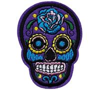 Écusson Tête de Mort Mexicaine Violet Fleur Rose Patch Thermocollant Skull Crâne à thermocoller transfert à coller au fer repasser applique calavera brodé à coudre vêtement fête mexique 7,4x5,4cm