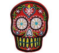 Écusson Tête de Mort Mexicaine Yeux Fleurs Patch Thermocollant Skull Rouge Dent Jaune à thermocoller transfert crâne à coller au fer repasser applique calavera brodé à coudre vêtement punk 10,1x7,3cm