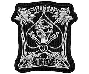 Écusson Tête de Mort Shut Up and Ride As de Pique Patch Thermocollant Motard Ferme Là et Roule applique brodé biker à thermocoller transfert crane à coller au fer repasser ou coudre vêtement 7,8x6,6cm