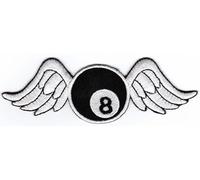 Écusson thermocollant à repasser en forme de boule de billard avec 8 ailes de billard - Dimensions : 12 x 4 cm