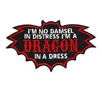 Écusson Thermocollant "I'm no damsel in distress I'm a dragon in a dress" | Patch amusant à coudre/à repasser | Patch pour jeans, autocollant pour tous les tissus | 100x60mm